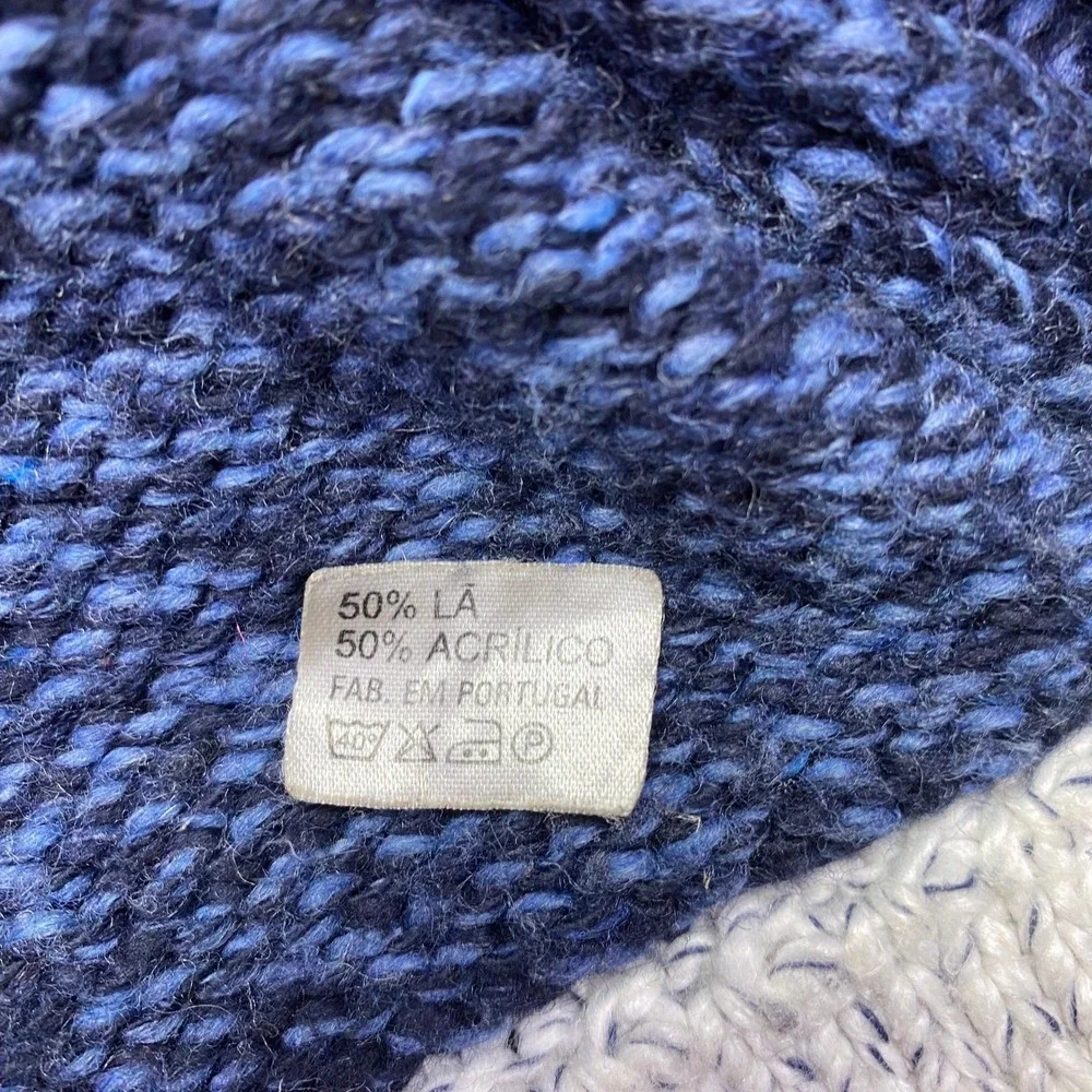 Vintage‎ Portugal Wool Blend Full Zip Greek Key Cardigan Sweater Blue White